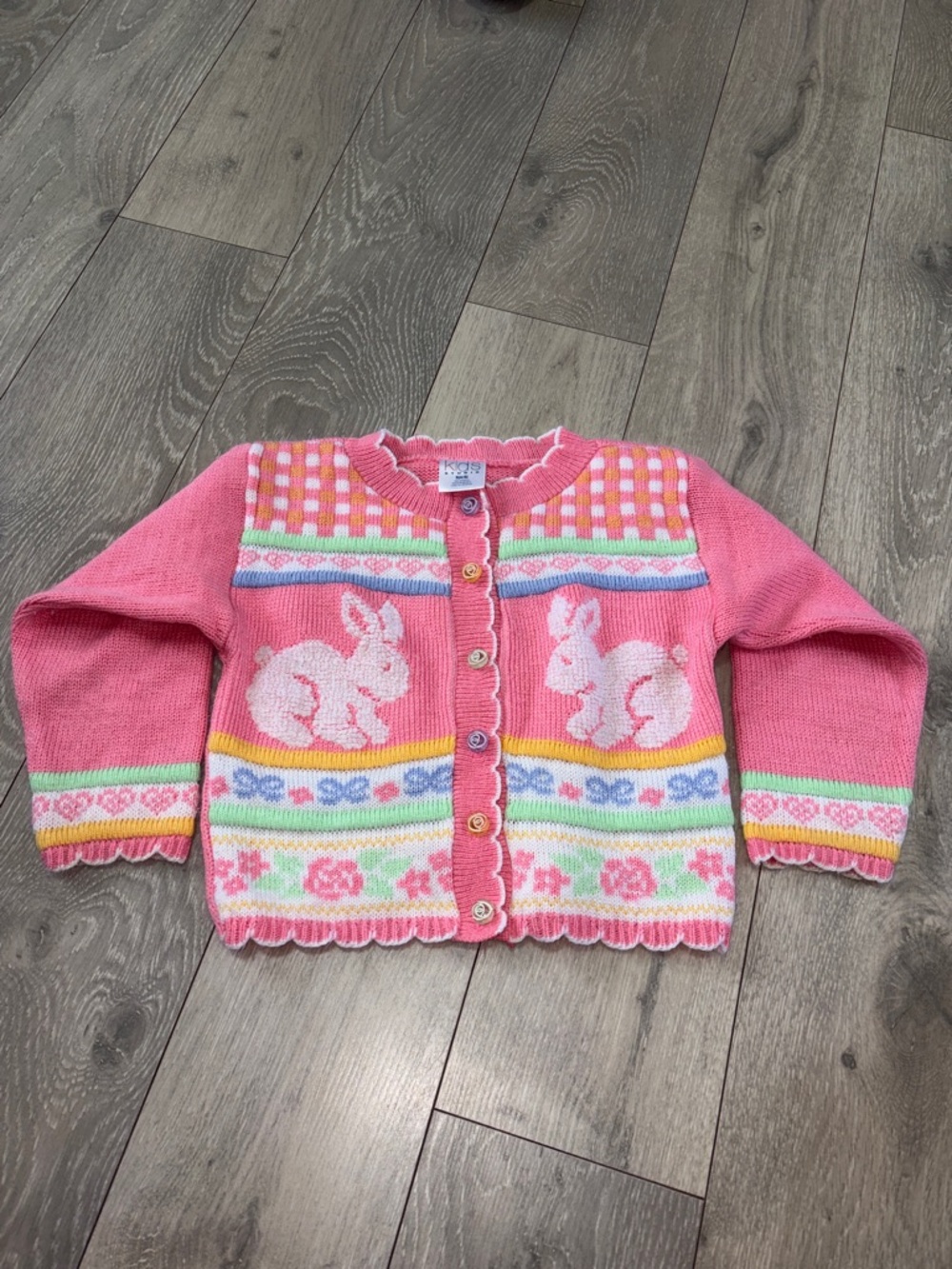 Kids Studio Pink Bunny Knit Cardigan with Multicolor Trim